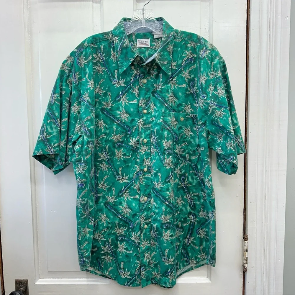Vintage Bugle Boy Hawaiian Golf button down short sleeve shirt men's large green